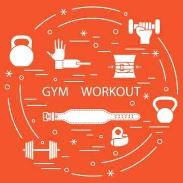 Powerlifting gym workout elements arranged in a circle. Illustrazione stock