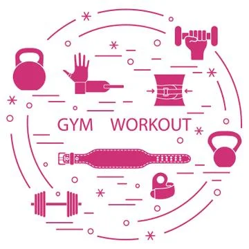 Powerlifting gym workout elements arranged in a circle. Illustrazione stock