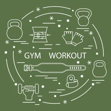 Powerlifting gym workout elements arranged in a circle. イラスト素材