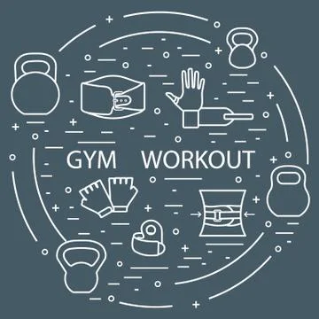 Powerlifting gym workout elements arranged in a circle. Stock Illustration
