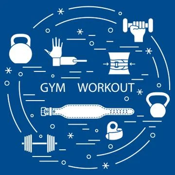 Powerlifting gym workout elements arranged in a circle. Stock Illustration