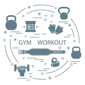 Powerlifting gym workout elements arranged in a circle. イラスト素材