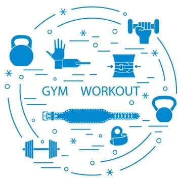 Powerlifting gym workout elements arranged in a circle. Illustrazione stock