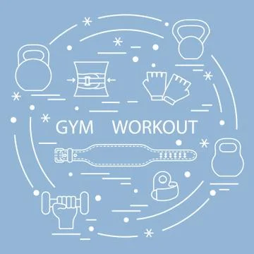 Powerlifting gym workout elements arranged in a circle. Illustrazione stock