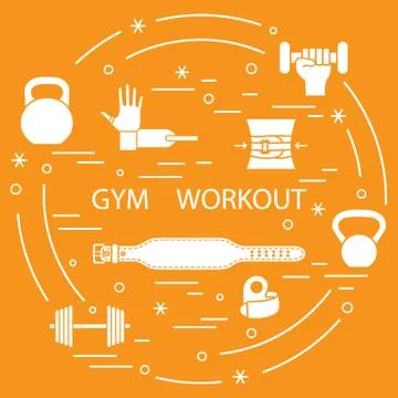 Powerlifting gym workout elements arranged in a circle. イラスト素材