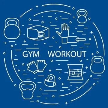 Powerlifting gym workout elements arranged in a circle. Illustrazione stock