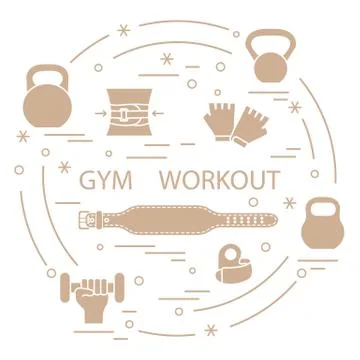 Powerlifting gym workout elements arranged in a circle. 스톡 일러스트
