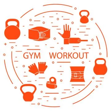 Powerlifting gym workout elements arranged in a circle. Stock Illustration