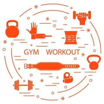 Powerlifting gym workout elements arranged in a circle. Stock Illustration