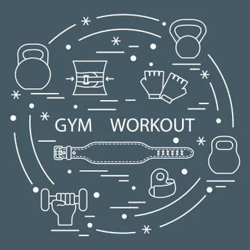 Powerlifting gym workout elements arranged in a circle. 스톡 일러스트