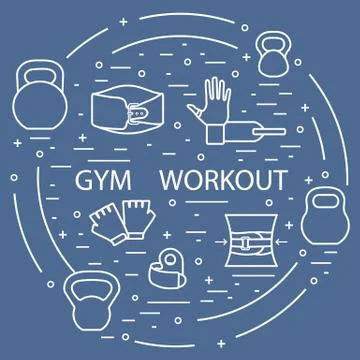 Powerlifting gym workout elements arranged in a circle. Stock Illustration