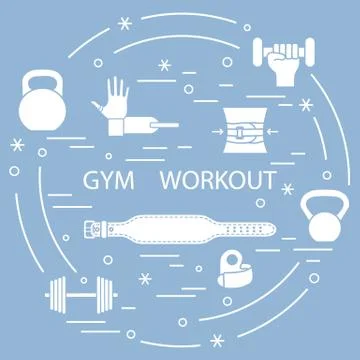 Powerlifting gym workout elements arranged in a circle. イラスト素材