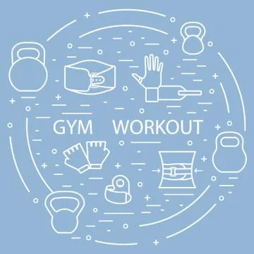 Powerlifting gym workout elements arranged in a circle. Illustrazione stock
