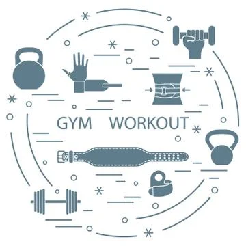 Powerlifting gym workout elements arranged in a circle. イラスト素材