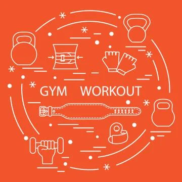 Powerlifting gym workout elements arranged in a circle. Stockillustratie
