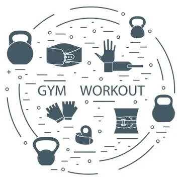 Powerlifting gym workout elements arranged in a circle. 스톡 일러스트