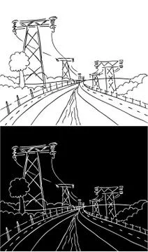 Powerlines dam landscape Stock Illustration