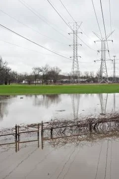 Powerlines Span Flood Stock Photos
