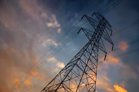 Powerlines at sunset3 Stock Photos