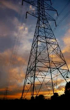 Powerlines at sunset4 Stock Photos