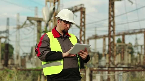 Powerman with tablet computer on power station Stock Footage 85513377