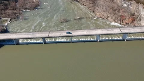 Powerplant Spillway Bridge Flyover Aerial Drone Video of HydroElectic Stock Footage