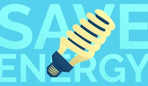 Powersave lamp. Text Save Energy. Gradient colors - blue, yellow. Lighting Stock Illustration