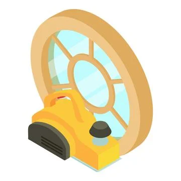 Powertool icon isometric vector. Yellow power electro planer and round window Stock Illustration