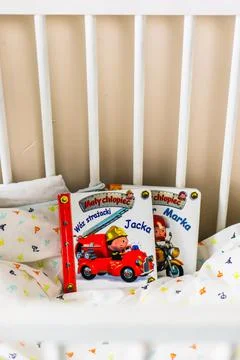 POZNAN, POLAND - Aug 10, 2021: Two polish child books about a fire truck on a Stock Photos