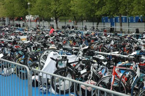 POZNAN, POLAND - AUGUST 04: Bicycle waiting at Triathlon on Malta in Poznan P Stock Photos