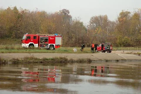 POZNAN, POLAND - OCTOBER 25: Fire brigade exercises on Warta river bank in Po Stock Photos