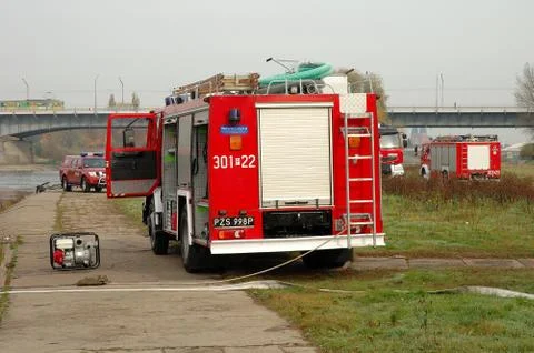 POZNAN, POLAND - OCTOBER 25: Fire brigade exercises on Warta river bank in Po Stock Photos