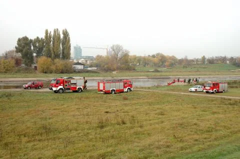 POZNAN, POLAND - OCTOBER 25: Fire brigade exercises on Warta river bank in Po Stock Photos