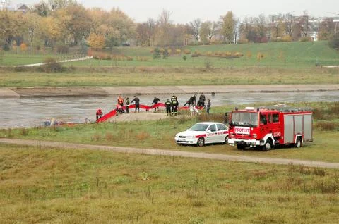 POZNAN, POLAND - OCTOBER 25: Fire brigade exercises on Warta river bank in Po Stock Photos