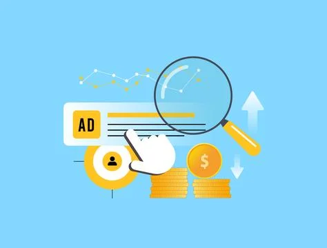 PPC advertising analysis optimizes pay per click campaigns. Ad performance Stock Illustration