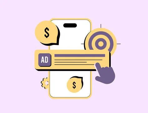 PPC advertising concept with smartphone, click-through ad, money symbol and Stock Illustration