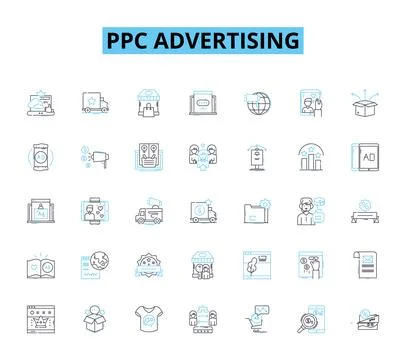 PPC advertising linear icons set. Adwords, Bidding, Campaigns, Clicks Stock Illustration