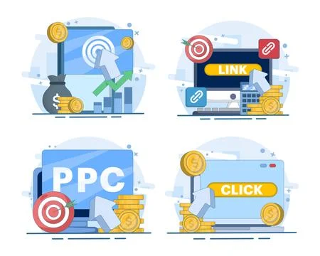 PPC advertising set featuring paid campaigns, online promotion. Stock-Illustration
