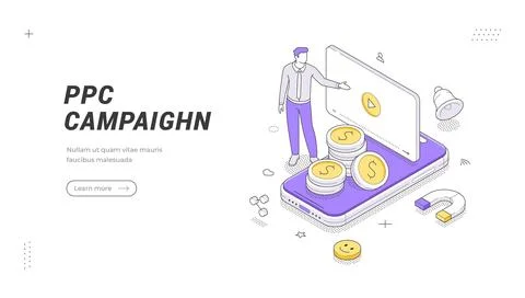 PPC Campaign banner template. Isometric vector illustration shows a manager p Illustration