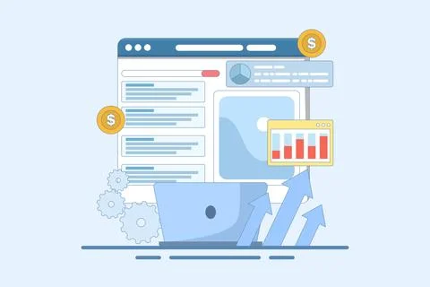 PPC Campaign Concept increase website traffic. PPC Ads for website promotion. Stock Illustration