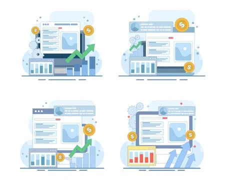 PPC campaign set, website traffic promotion, paid search advertising. Stock Illustration