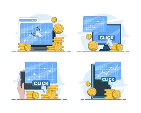 PPC marketing illustration set featuring pay-per-click advertising Stock Illustration