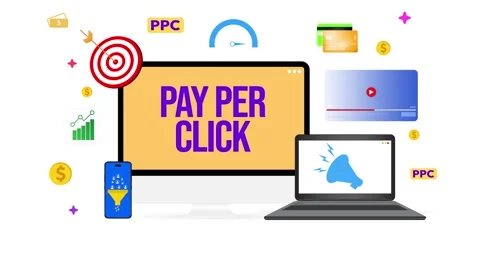 PPC marketing on the multiple devices concept with goal, target, analytics Stock Footage 303143886