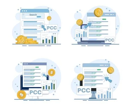 PPC marketing set, pay per click campaigns, digital advertising. Stock Illustration