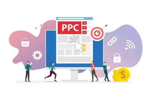 Ppc pay per click technology advertising or advertisement concept with team p Stock Illustration