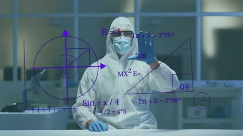 PPE-clad researcher at lab raising right hand driving purple math overlays and Stock Footage 334788674