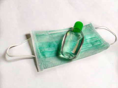 PPE items like hand gloves, face mask, and Sanitizer 스톡 사진
