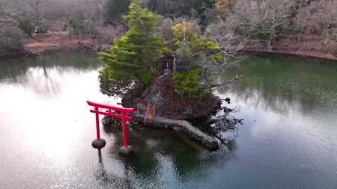 Ppeki Lake, Torii Gate, Shrine, Islet, Orbit Shot, Drone Aerial│Izu Japan Stock Footage 329057323