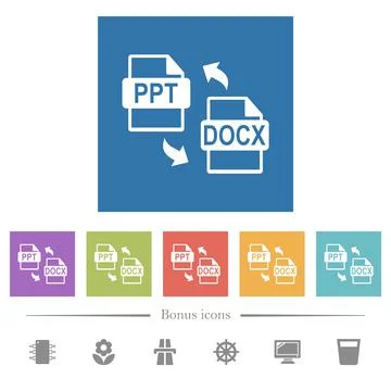 PPT DOCX file conversion flat white icons in square backgrounds Illustrazione stock