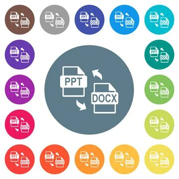 PPT DOCX file conversion flat white icons on round color backgrounds Stock Illustration